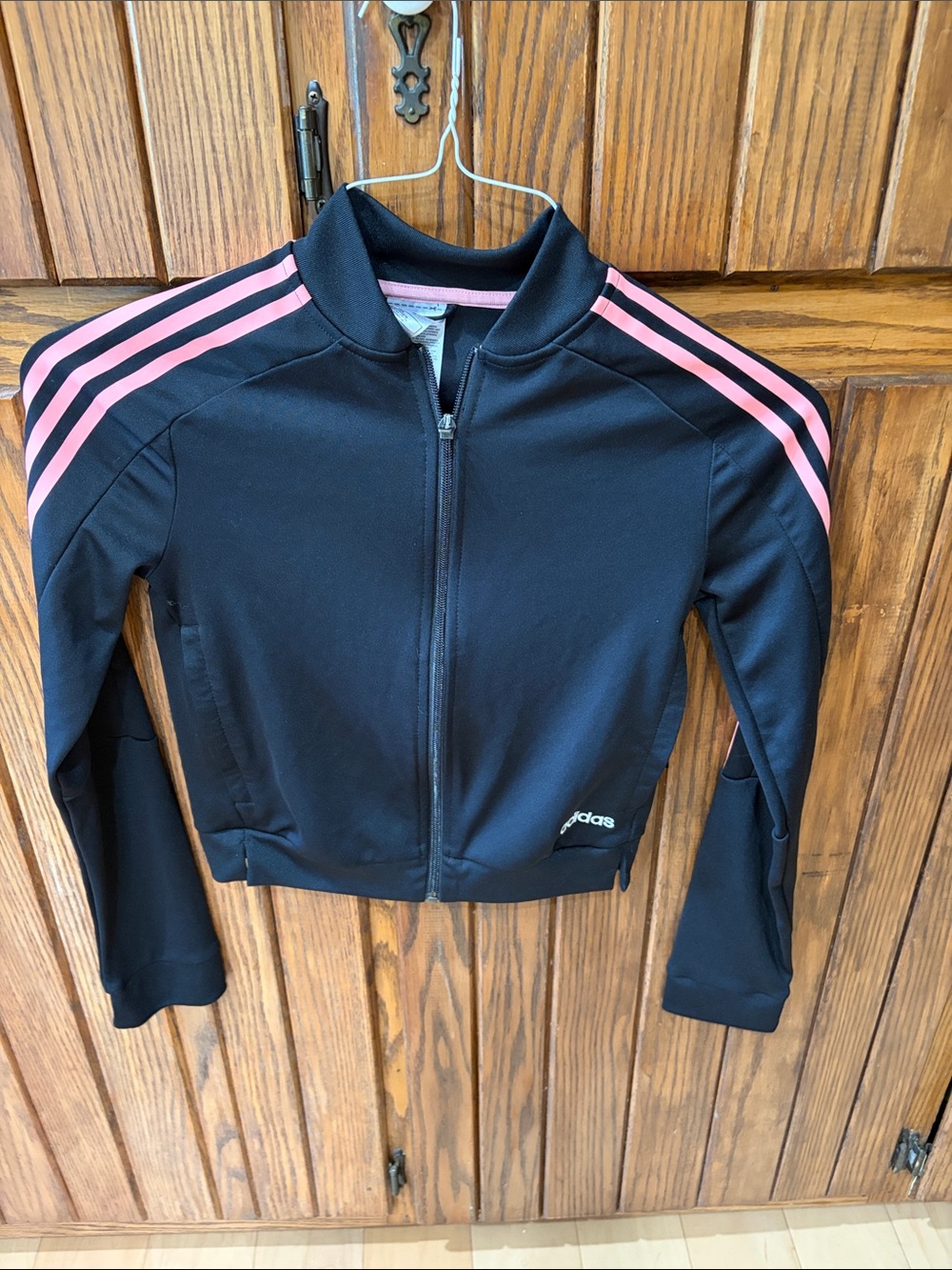 adidas girls  Black Zip-Up Jacket with Pink Shoulder Stripes size XS